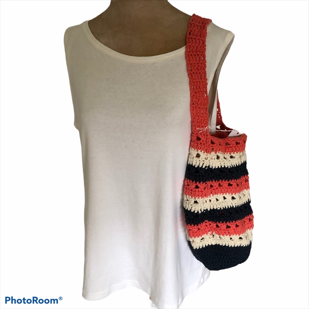 Handmade Crochet Cotton Striped tote Navy Cream Tangerine